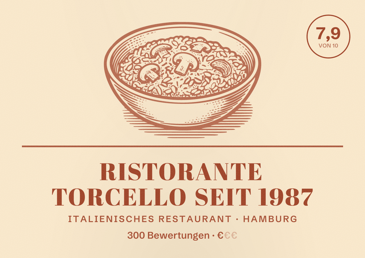 Illustriertes Poster von Ristorante Torcello seit 1987, Italienisches Restaurant in Hamburg: Bewertung 7,9 von 10 aus 300 Bewertungen, Preisniveau €