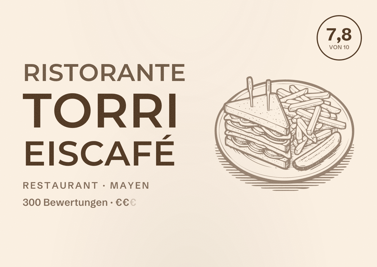 Illustriertes Poster von Ristorante Torri Eiscafé, Restaurant in Mayen: Bewertung 7,8 von 10 aus 300 Bewertungen, Preisniveau €€