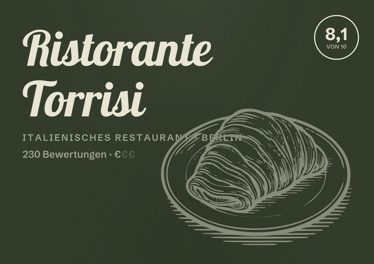 Illustriertes Poster von Ristorante Torrisi, Italienisches Restaurant in Berlin: Bewertung 8,1 von 10 aus 230 Bewertungen, Preisniveau €