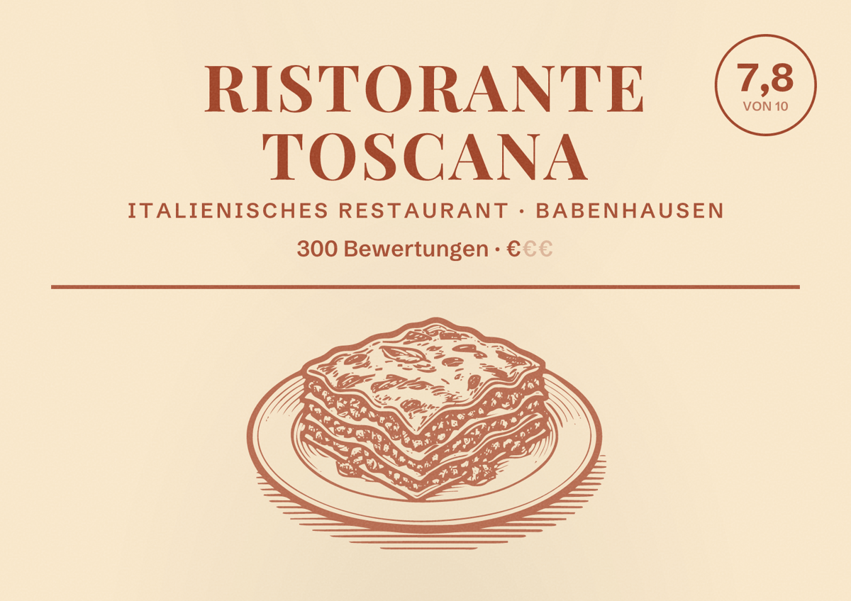 Illustriertes Poster von Ristorante Toscana, Italienisches Restaurant in Babenhausen: Bewertung 7,8 von 10 aus 300 Bewertungen, Preisniveau €