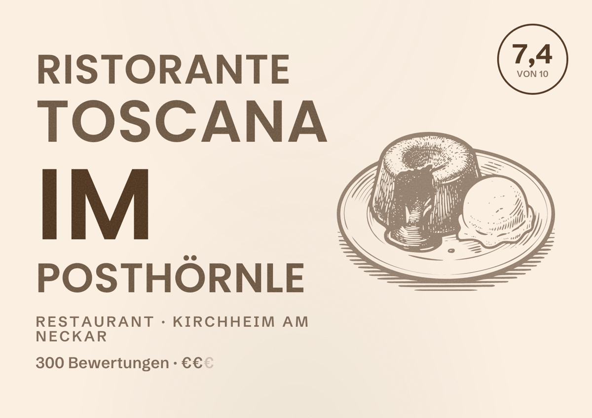 Illustriertes Poster von Ristorante Toscana im Posthörnle, Restaurant in Kirchheim am Neckar: Bewertung 7,4 von 10 aus 300 Bewertungen, Preisniveau €€