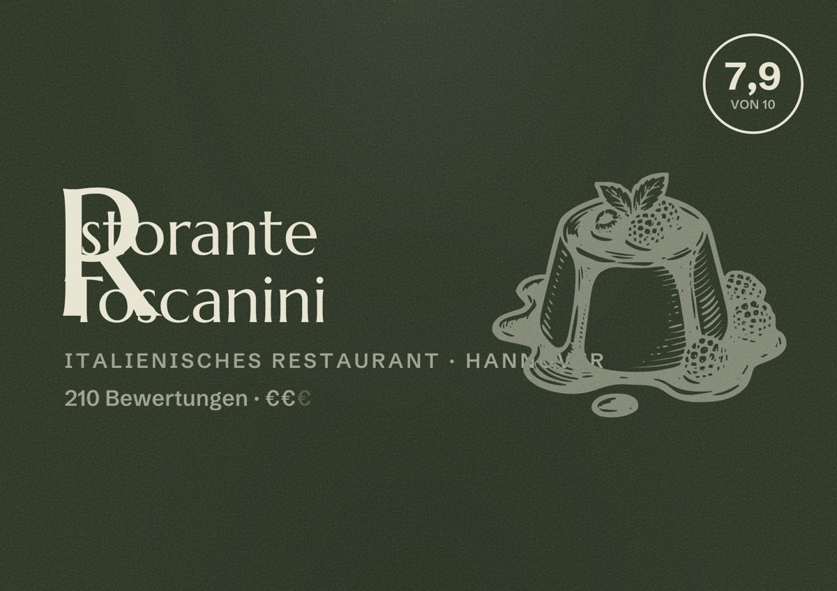 Illustriertes Poster von Ristorante Toscanini, Italienisches Restaurant in Hannover: Bewertung 7,9 von 10 aus 210 Bewertungen, Preisniveau €€