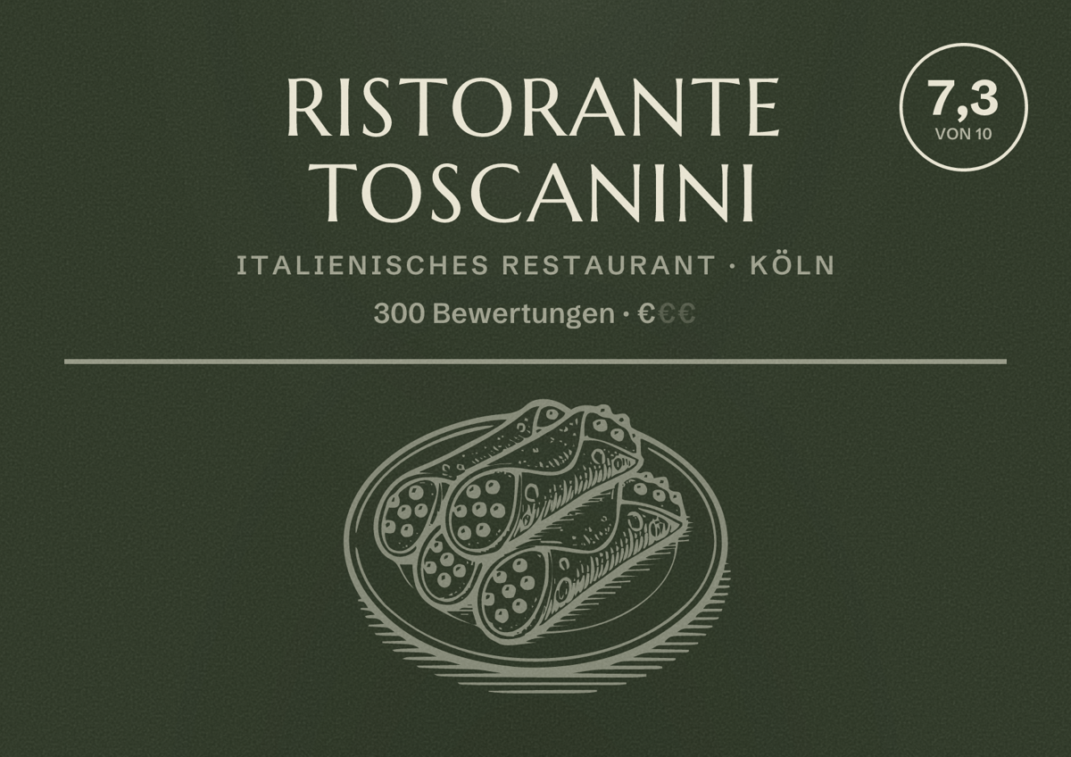 Illustriertes Poster von Ristorante Toscanini, Italienisches Restaurant in Köln: Bewertung 7,3 von 10 aus 300 Bewertungen, Preisniveau €
