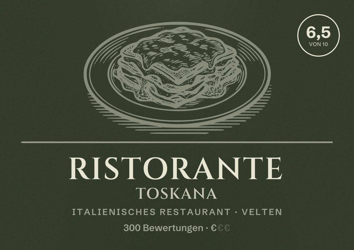 Illustriertes Poster von Ristorante Toskana, Italienisches Restaurant in Velten: Bewertung 6,5 von 10 aus 300 Bewertungen, Preisniveau €