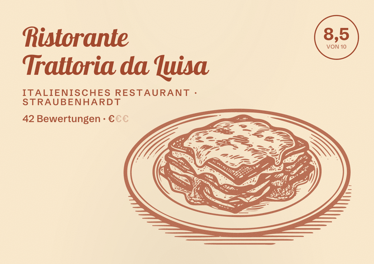 Illustriertes Poster von Ristorante Trattoria da Luisa, Italienisches Restaurant in Straubenhardt: Bewertung 8,5 von 10 aus 42 Bewertungen, Preisniveau €