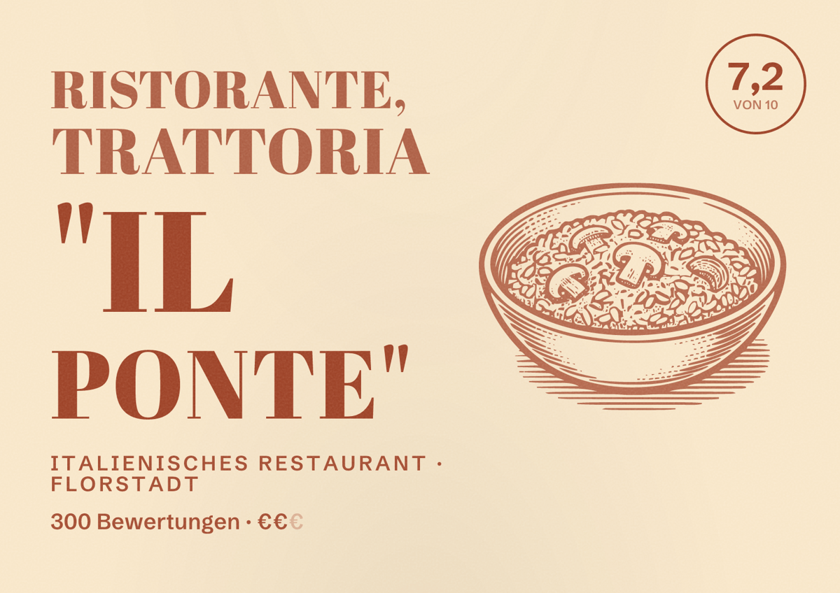Illustriertes Poster von Ristorante, Trattoria "Il Ponte", Italienisches Restaurant in Florstadt: Bewertung 7,2 von 10 aus 300 Bewertungen, Preisniveau €€
