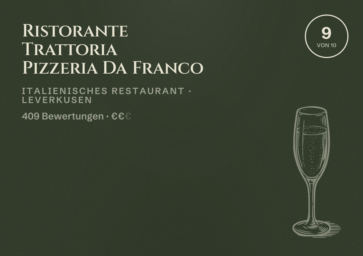 Illustriertes Poster von Ristorante Trattoria Pizzeria Da Franco, Italienisches Restaurant in Leverkusen: Bewertung 9,0 von 10 aus 409 Bewertungen, Preisniveau €€