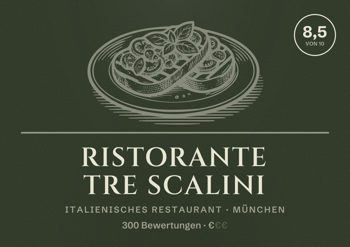 Illustriertes Poster von Ristorante Tre Scalini, Italienisches Restaurant in München: Bewertung 8,5 von 10 aus 300 Bewertungen, Preisniveau €