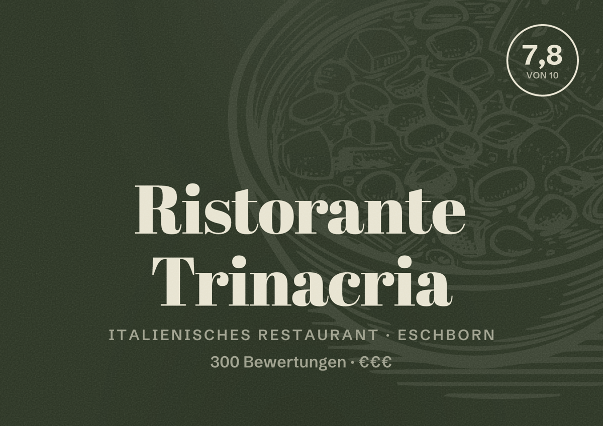 Illustriertes Poster von Ristorante Trinacria, Italienisches Restaurant in Eschborn: Bewertung 7,8 von 10 aus 300 Bewertungen, Preisniveau €€€