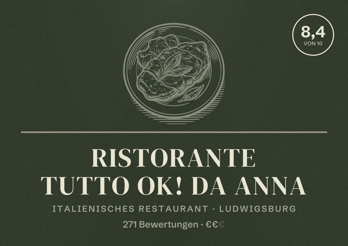 Illustriertes Poster von Ristorante Tutto Ok! Da Anna, Italienisches Restaurant in Ludwigsburg: Bewertung 8,4 von 10 aus 271 Bewertungen, Preisniveau €€