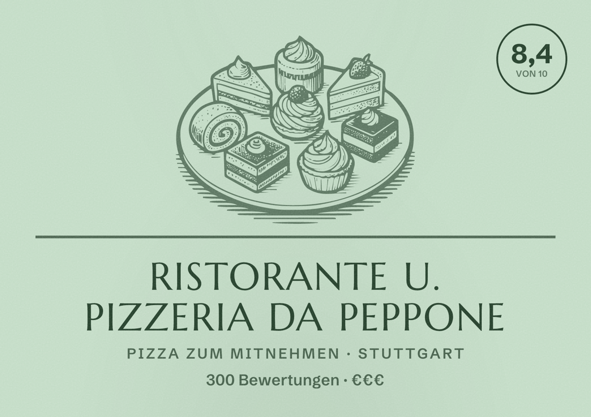 Illustriertes Poster von Ristorante u. Pizzeria Da Peppone, Pizza zum Mitnehmen in Stuttgart: Bewertung 8,4 von 10 aus 300 Bewertungen, Preisniveau €€€