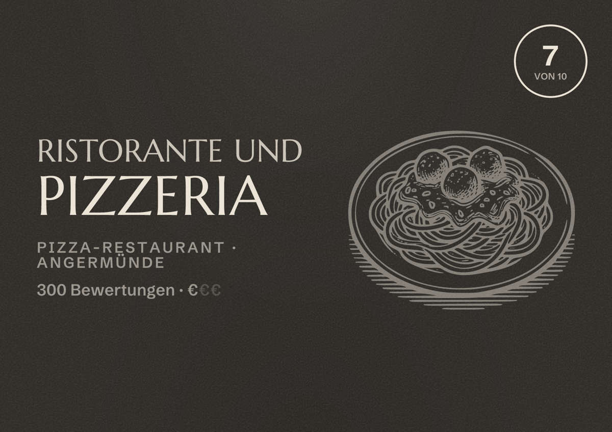 Illustriertes Poster von Ristorante und pizzeria, Pizza-Restaurant in Angermünde: Bewertung 7 von 10 aus 300 Bewertungen, Preisniveau €