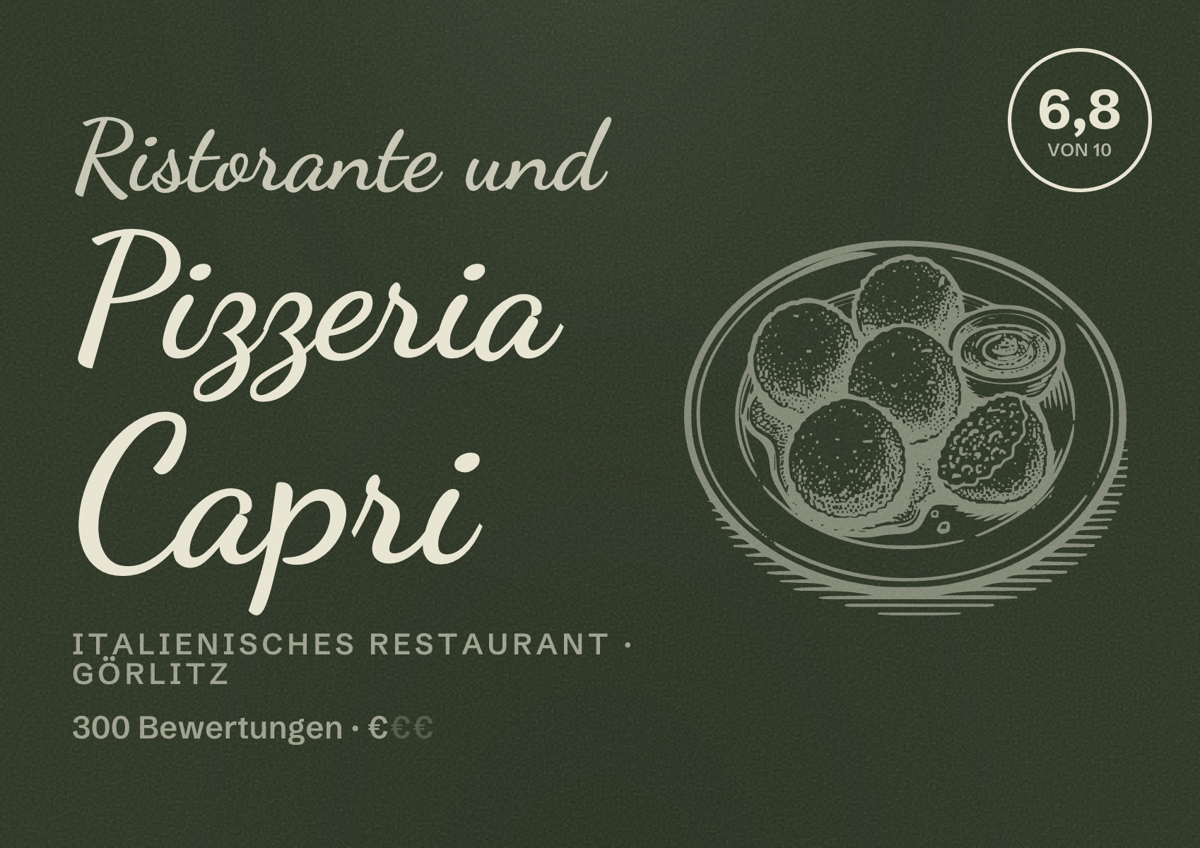 Illustriertes Poster von Ristorante und Pizzeria Capri, Italienisches Restaurant in Görlitz: Bewertung 6,8 von 10 aus 300 Bewertungen, Preisniveau €