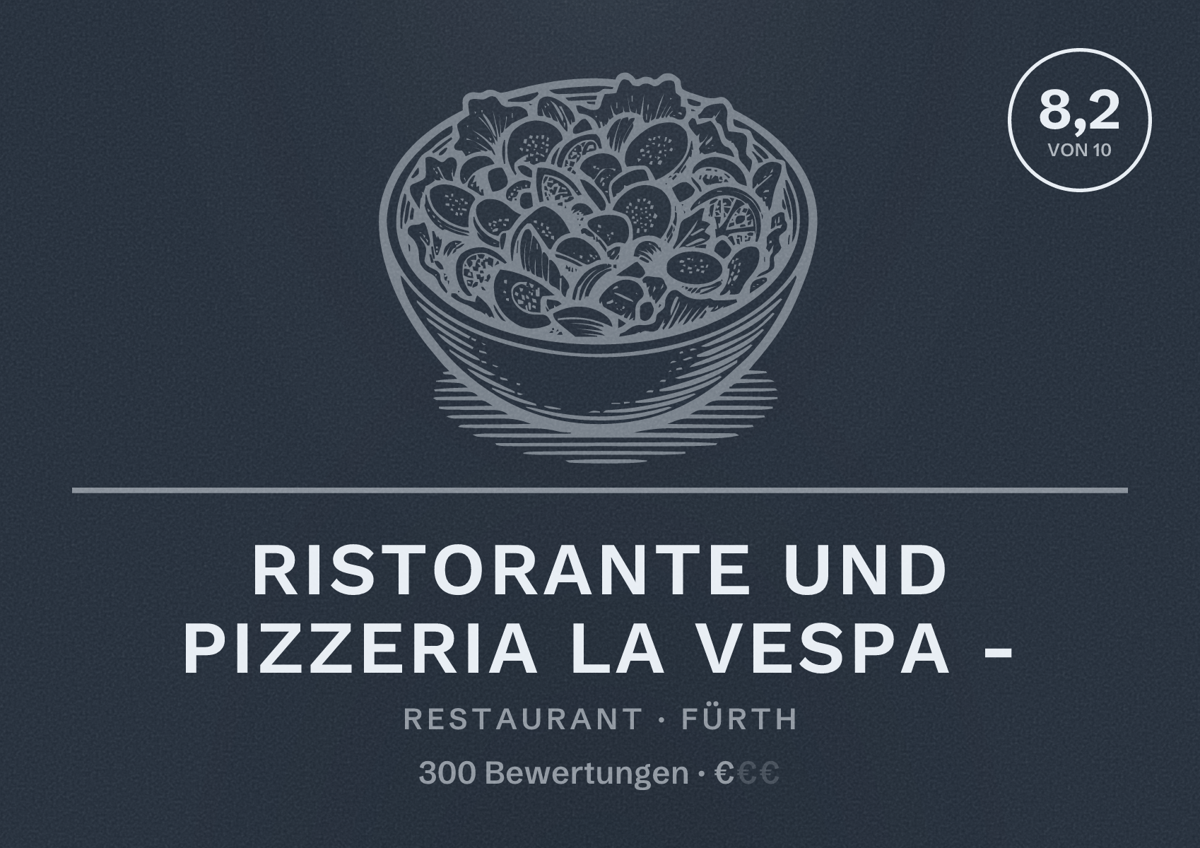 Illustriertes Poster von Ristorante und Pizzeria La Vespa -, Restaurant in Fürth: Bewertung 8,2 von 10 aus 300 Bewertungen, Preisniveau €