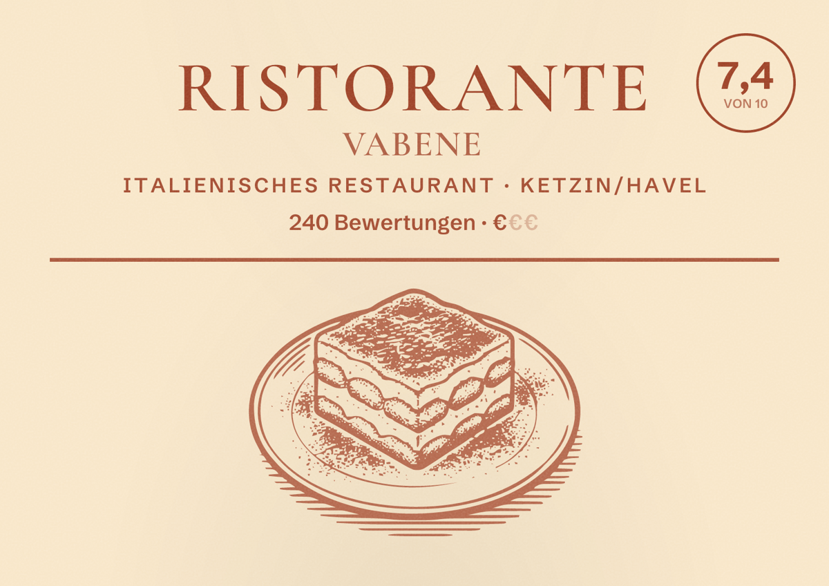 Illustriertes Poster von Ristorante VaBene, Italienisches Restaurant in Ketzin/Havel: Bewertung 7,4 von 10 aus 240 Bewertungen, Preisniveau €