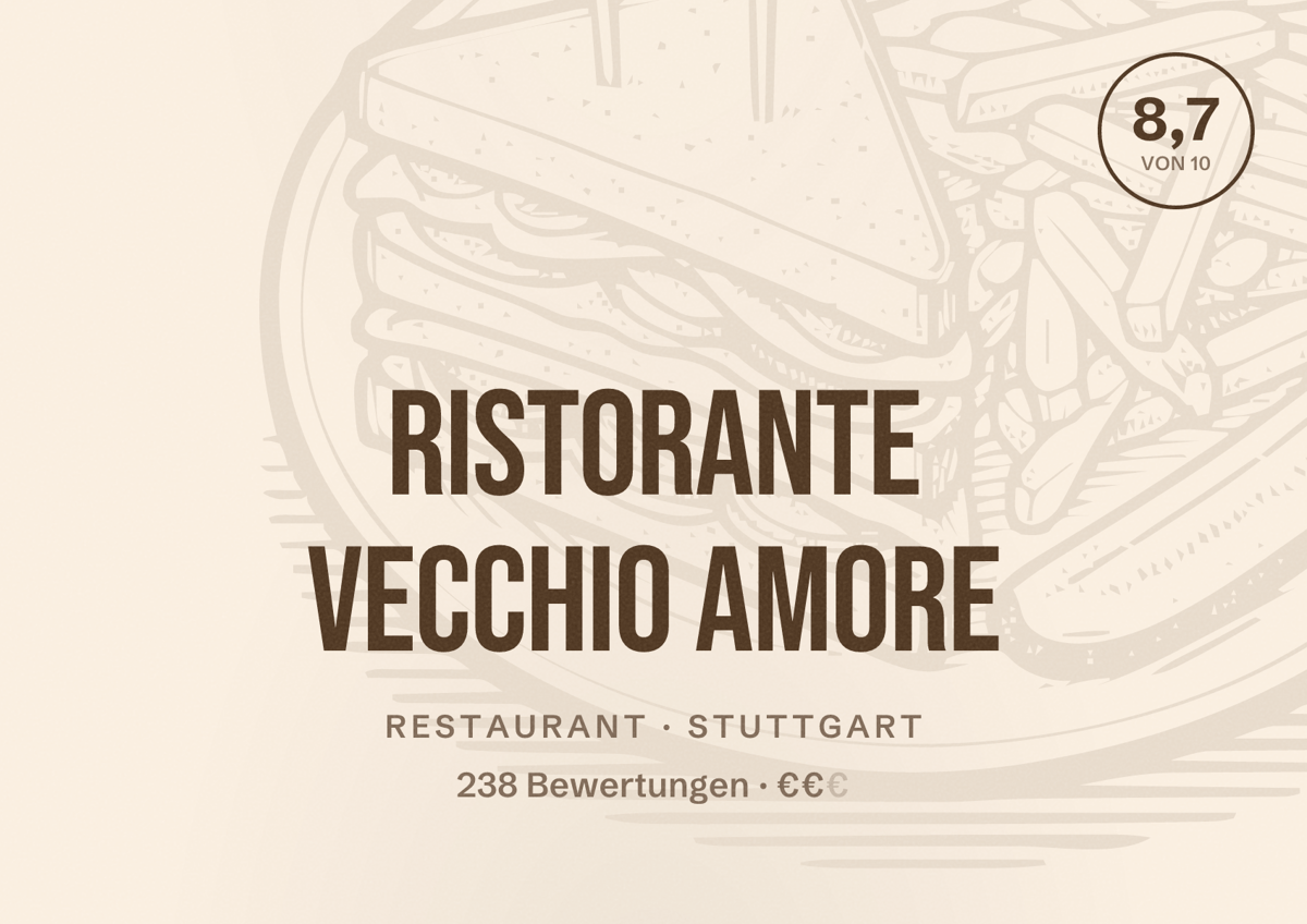 Illustriertes Poster von Ristorante Vecchio Amore, Restaurant in Stuttgart: Bewertung 8,7 von 10 aus 238 Bewertungen, Preisniveau €€