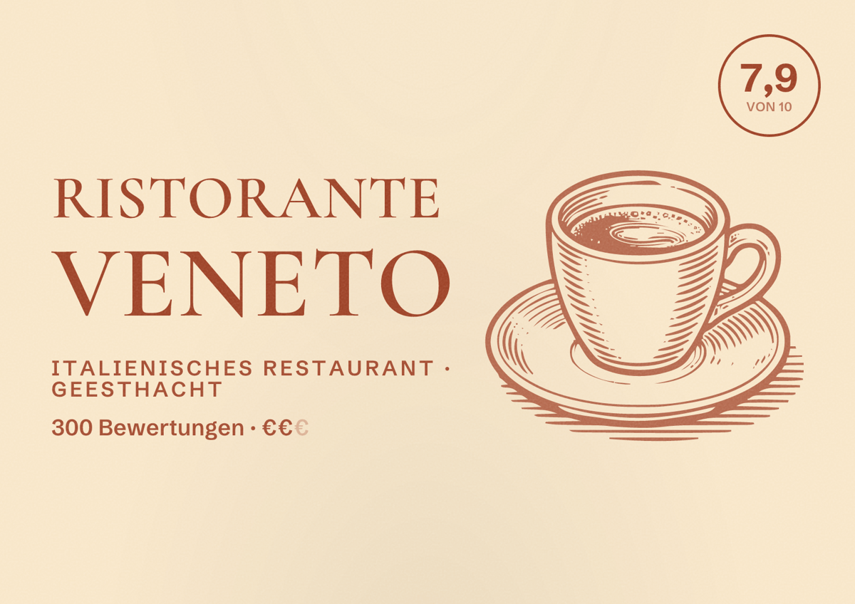 Illustriertes Poster von Ristorante Veneto, Italienisches Restaurant in Geesthacht: Bewertung 7,9 von 10 aus 300 Bewertungen, Preisniveau €€