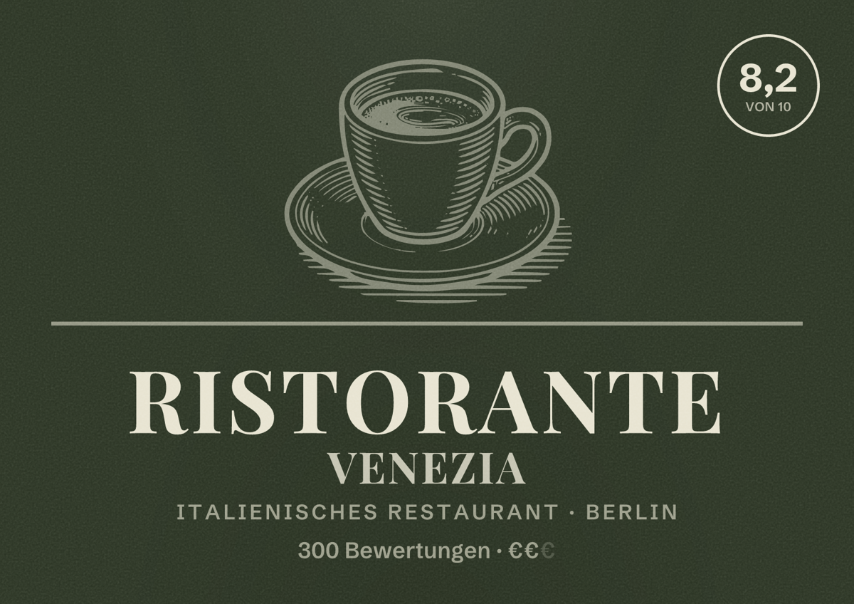 Illustriertes Poster von Ristorante Venezia, Italienisches Restaurant in Berlin: Bewertung 8,2 von 10 aus 300 Bewertungen, Preisniveau €€