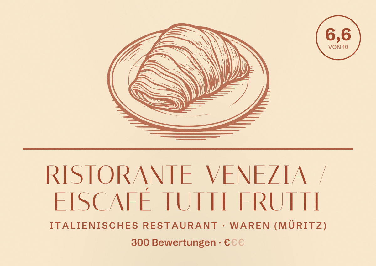 Illustriertes Poster von Ristorante Venezia / Eiscafé Tutti Frutti, Italienisches Restaurant in Waren (Müritz): Bewertung 6,6 von 10 aus 300 Bewertungen, Preisniveau €