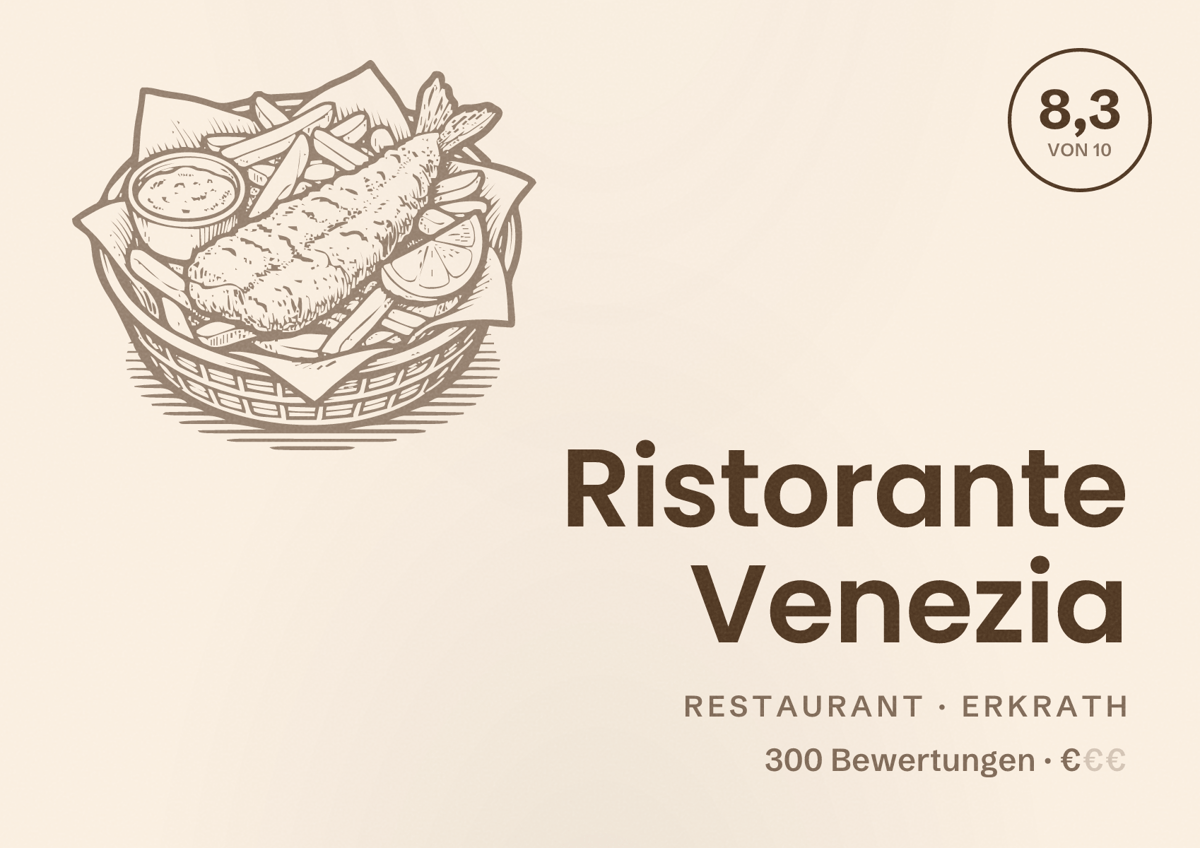 Illustriertes Poster von Ristorante Venezia, Restaurant in Erkrath: Bewertung 8,3 von 10 aus 300 Bewertungen, Preisniveau €