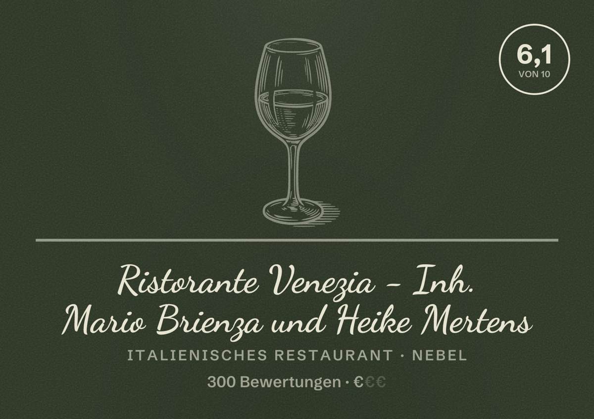 Illustriertes Poster von Ristorante Venezia - Inh. Mario Brienza und Heike Mertens, Italienisches Restaurant in Nebel: Bewertung 6,1 von 10 aus 300 Bewertungen, Preisniveau €