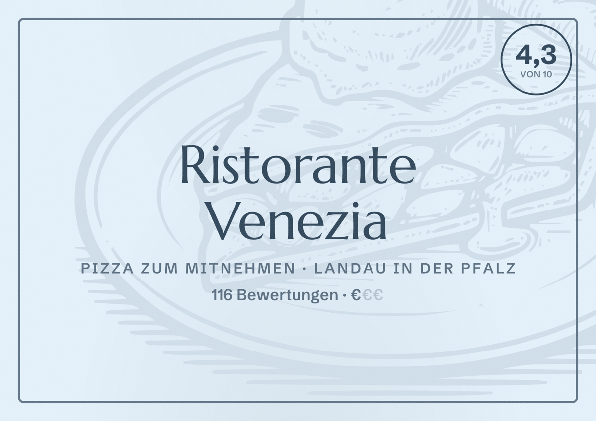 Illustriertes Poster von Ristorante Venezia, Pizza zum Mitnehmen in Landau in der Pfalz: Bewertung 4,3 von 10 aus 116 Bewertungen, Preisniveau €