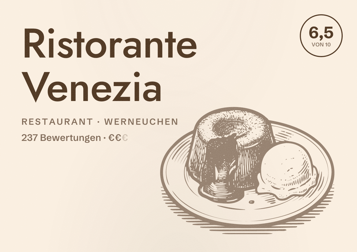 Illustriertes Poster von Ristorante Venezia, Restaurant in Werneuchen: Bewertung 6,5 von 10 aus 237 Bewertungen, Preisniveau €€
