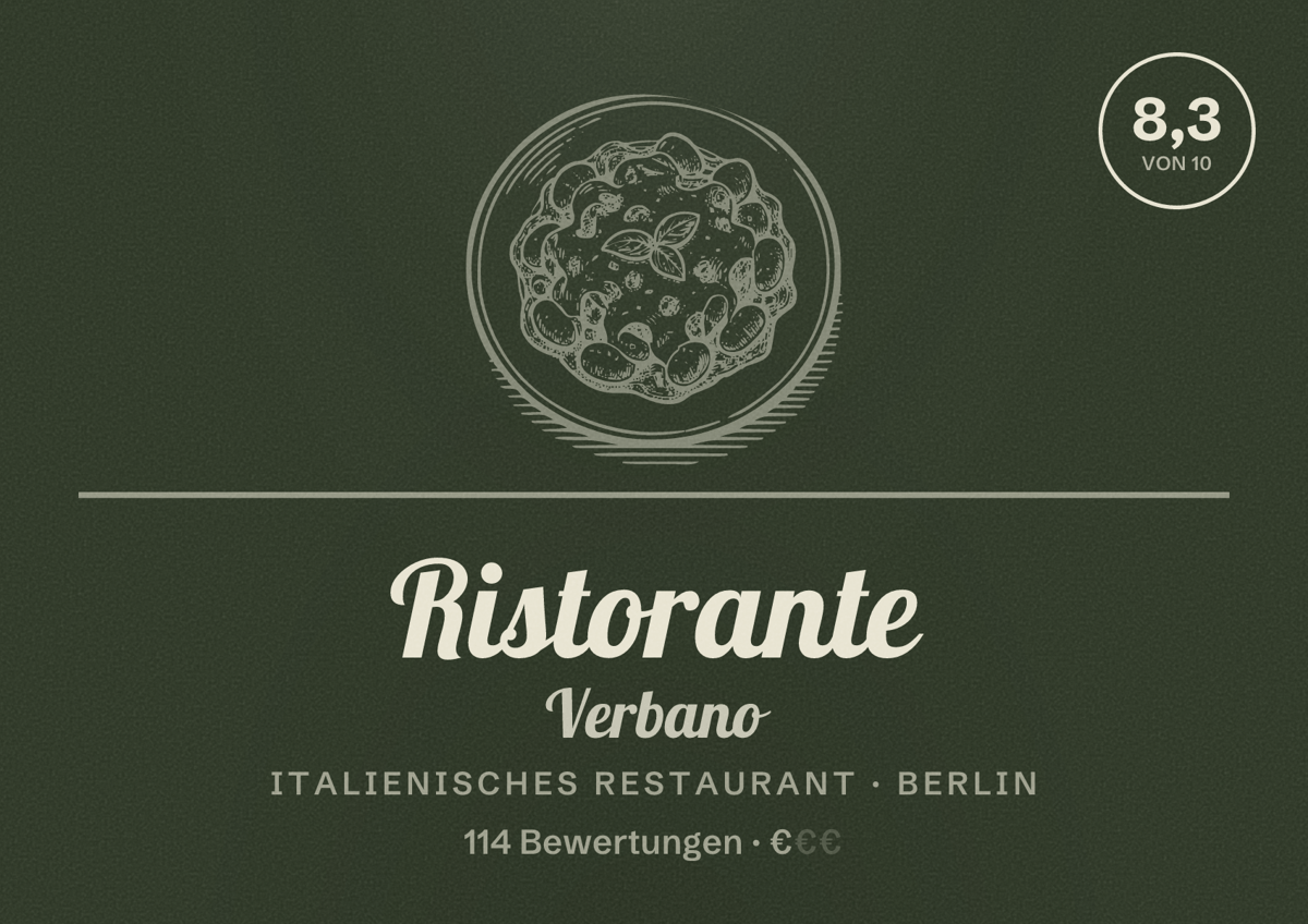 Illustriertes Poster von Ristorante Verbano, Italienisches Restaurant in Berlin: Bewertung 8,3 von 10 aus 114 Bewertungen, Preisniveau €