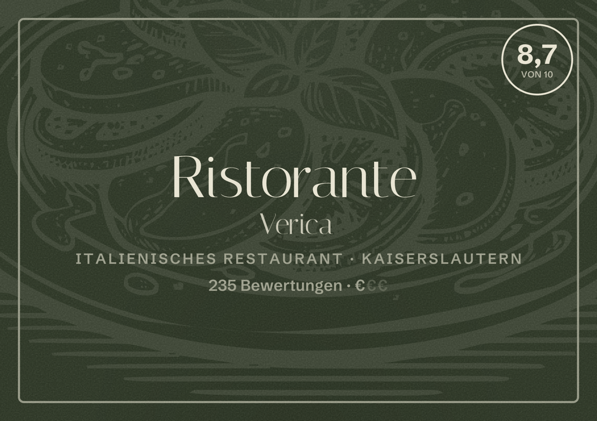 Illustriertes Poster von Ristorante Verica, Italienisches Restaurant in Kaiserslautern: Bewertung 8,7 von 10 aus 235 Bewertungen, Preisniveau €
