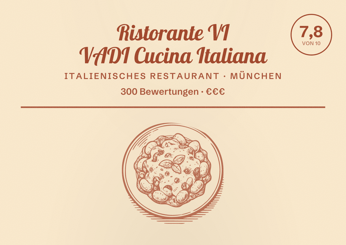 Illustriertes Poster von Ristorante VI VADI Cucina Italiana, Italienisches Restaurant in München: Bewertung 7,8 von 10 aus 300 Bewertungen, Preisniveau €€€