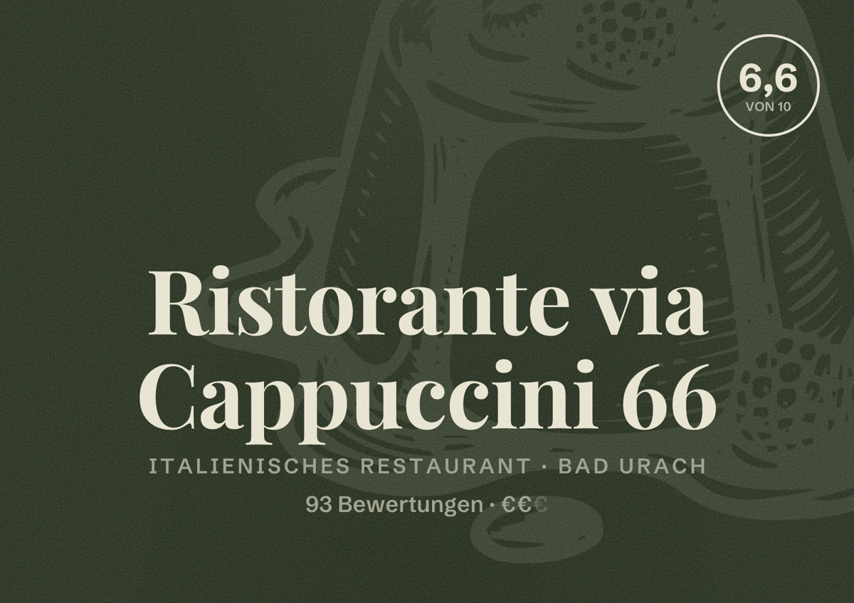 Illustriertes Poster von Ristorante via Cappuccini 66, Italienisches Restaurant in Bad Urach: Bewertung 6,6 von 10 aus 93 Bewertungen, Preisniveau €€