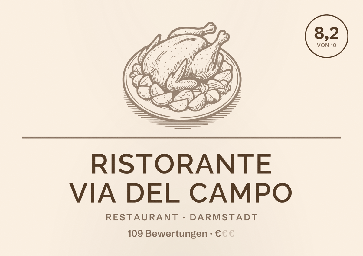 Illustriertes Poster von Ristorante Via del Campo, Restaurant in Darmstadt: Bewertung 8,2 von 10 aus 109 Bewertungen, Preisniveau €