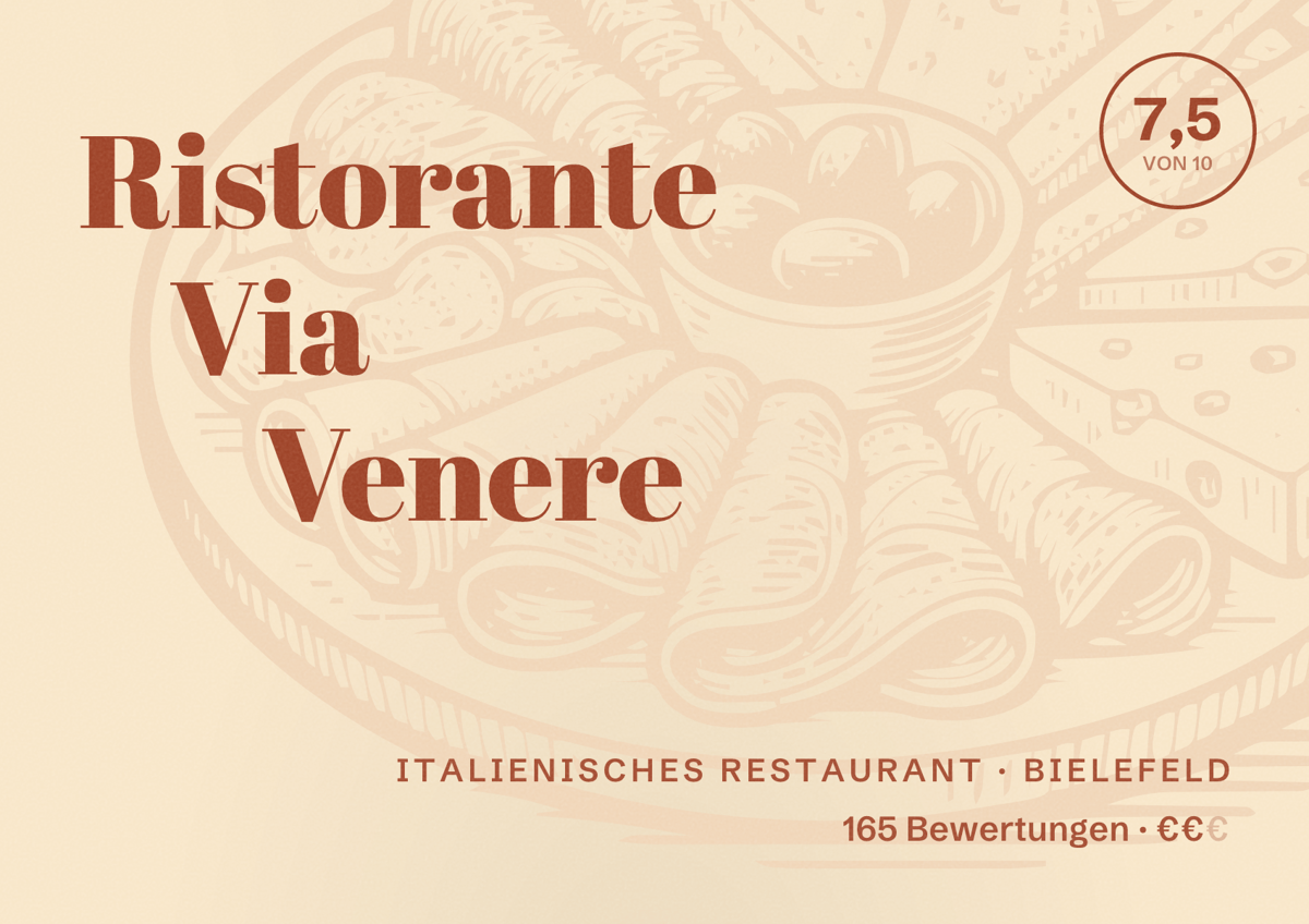 Illustriertes Poster von Ristorante Via Venere, Italienisches Restaurant in Bielefeld: Bewertung 7,5 von 10 aus 165 Bewertungen, Preisniveau €€