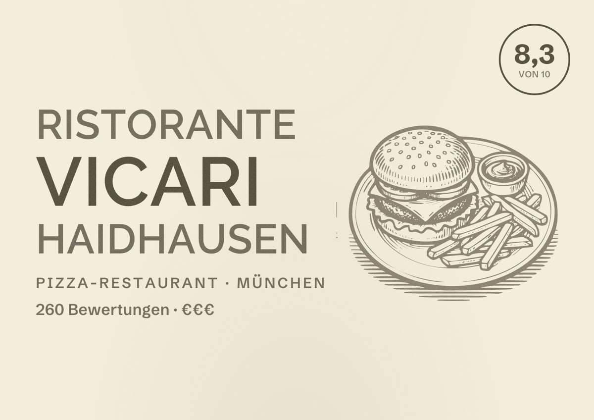 Illustriertes Poster von Ristorante Vicari Haidhausen, Pizza-Restaurant in München: Bewertung 8,3 von 10 aus 260 Bewertungen, Preisniveau €€€