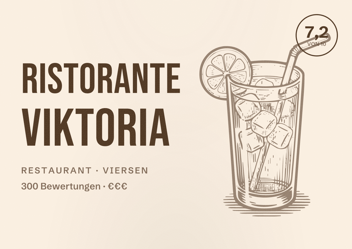 Illustriertes Poster von Ristorante Viktoria, Restaurant in Viersen: Bewertung 7,2 von 10 aus 300 Bewertungen, Preisniveau €€€