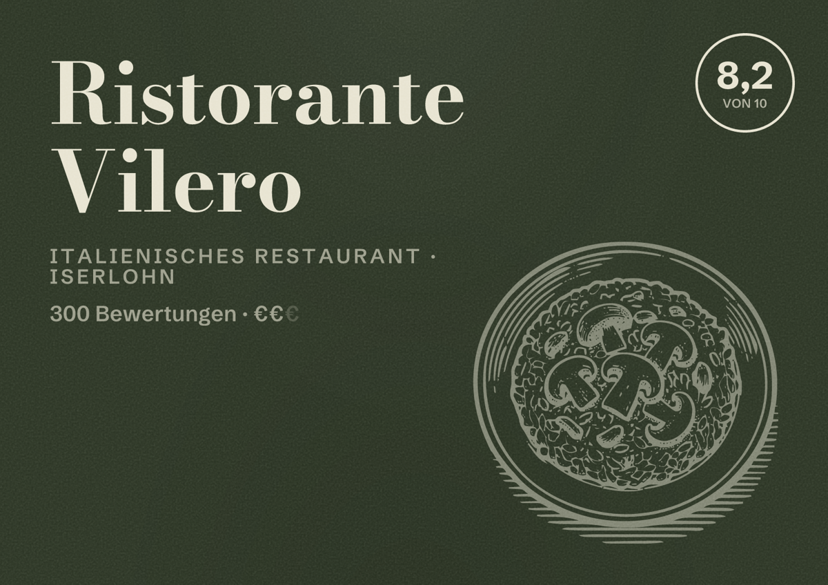 Illustriertes Poster von Ristorante Vilero, Italienisches Restaurant in Iserlohn: Bewertung 8,2 von 10 aus 300 Bewertungen, Preisniveau €€