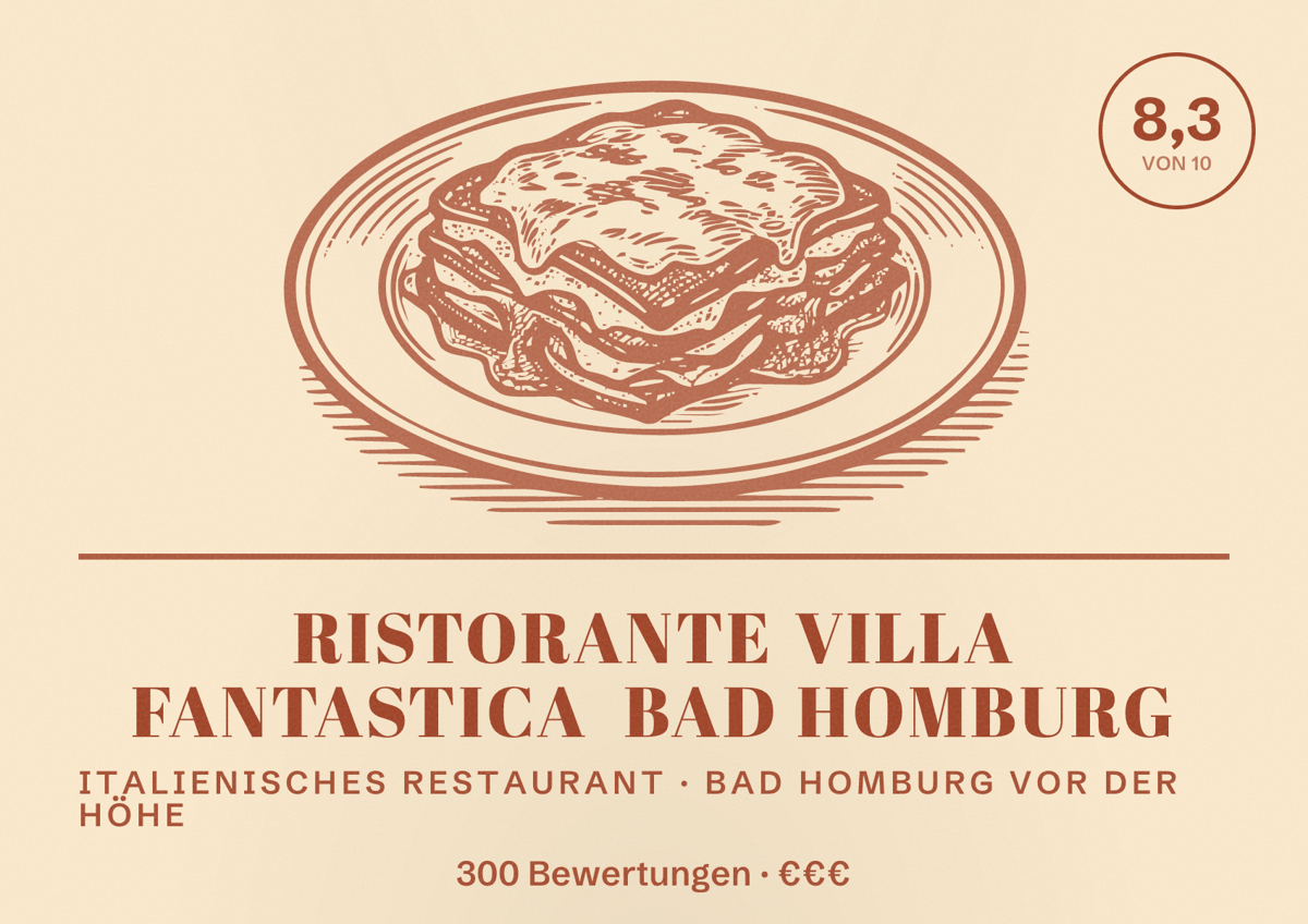 Illustriertes Poster von Ristorante Villa Fantastica Bad Homburg, Italienisches Restaurant in Bad Homburg vor der Höhe: Bewertung 8,3 von 10 aus 300 Bewertungen, Preisniveau €€€