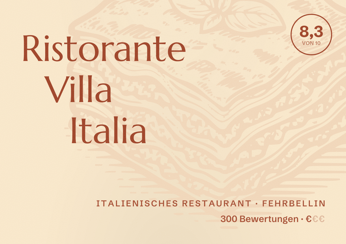 Illustriertes Poster von Ristorante Villa Italia, Italienisches Restaurant in Fehrbellin: Bewertung 8,3 von 10 aus 300 Bewertungen, Preisniveau €