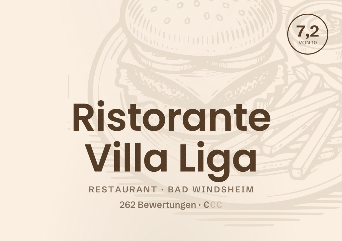 Illustriertes Poster von Ristorante Villa Liga, Restaurant in Bad Windsheim: Bewertung 7,2 von 10 aus 262 Bewertungen, Preisniveau €