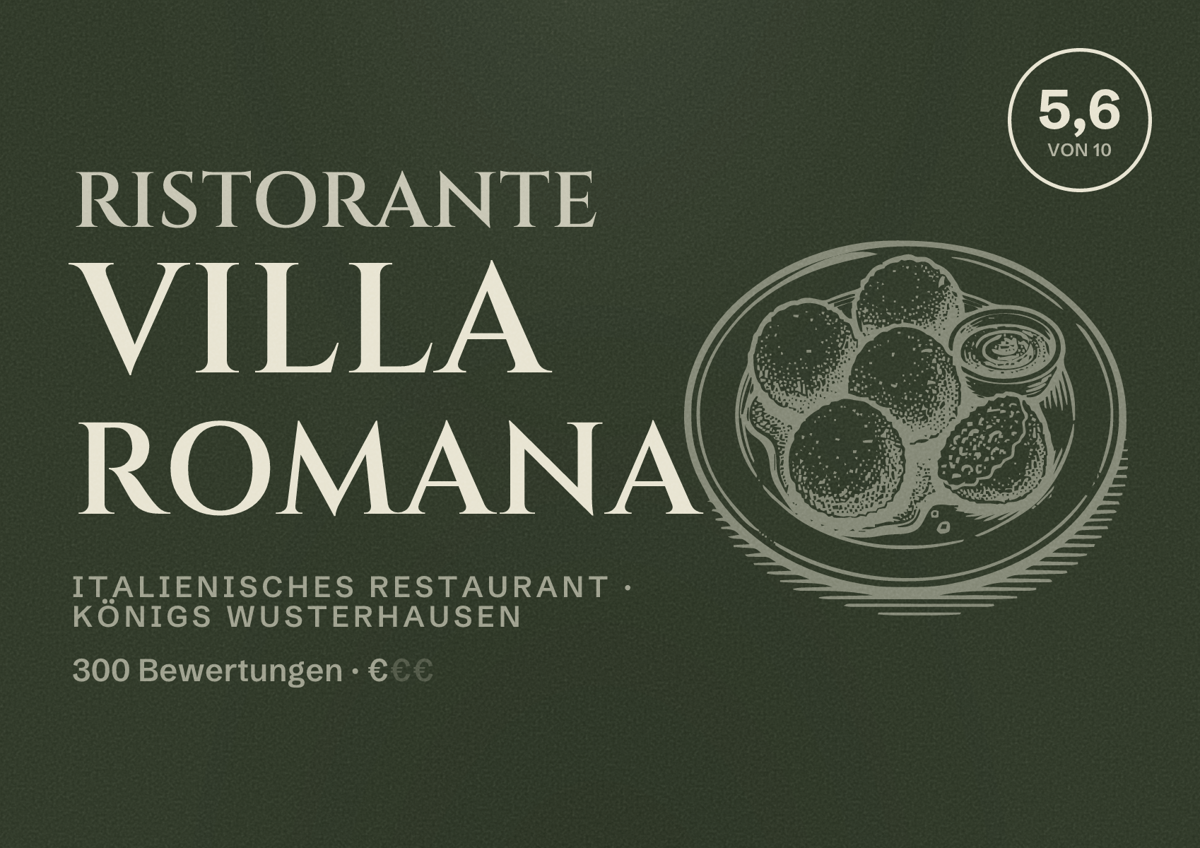 Illustriertes Poster von Ristorante Villa Romana, Italienisches Restaurant in Königs Wusterhausen: Bewertung 5,6 von 10 aus 300 Bewertungen, Preisniveau €