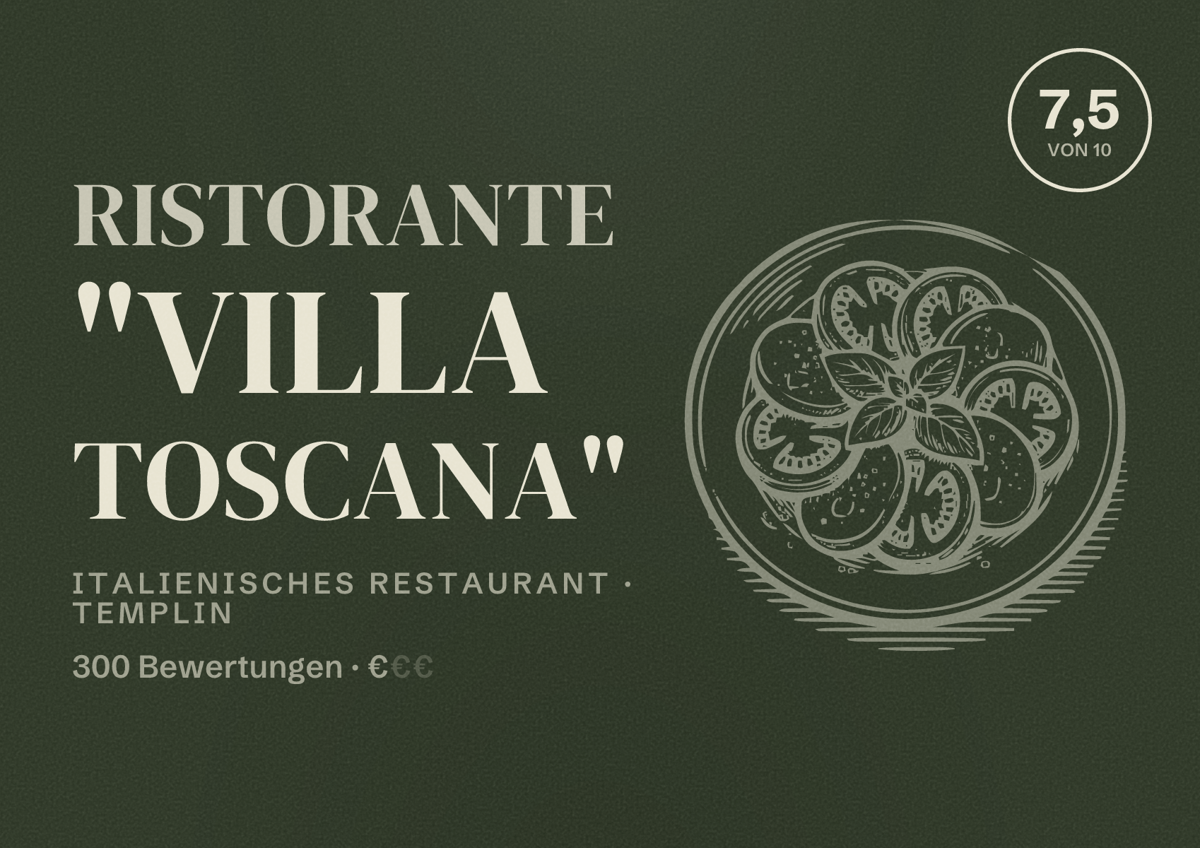 Illustriertes Poster von Ristorante "Villa Toscana", Italienisches Restaurant in Templin: Bewertung 7,5 von 10 aus 300 Bewertungen, Preisniveau €