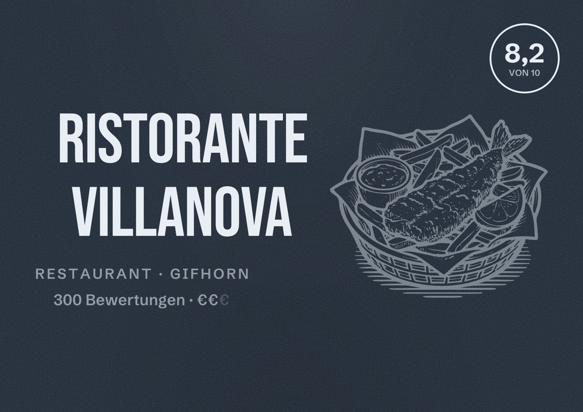 Illustriertes Poster von Ristorante Villanova, Restaurant in Gifhorn: Bewertung 8,2 von 10 aus 300 Bewertungen, Preisniveau €€