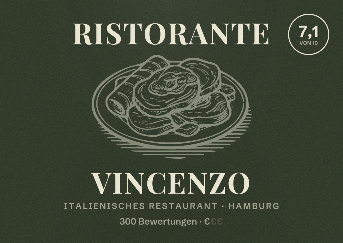 Illustriertes Poster von Ristorante Vincenzo, Italienisches Restaurant in Hamburg: Bewertung 7,1 von 10 aus 300 Bewertungen, Preisniveau €