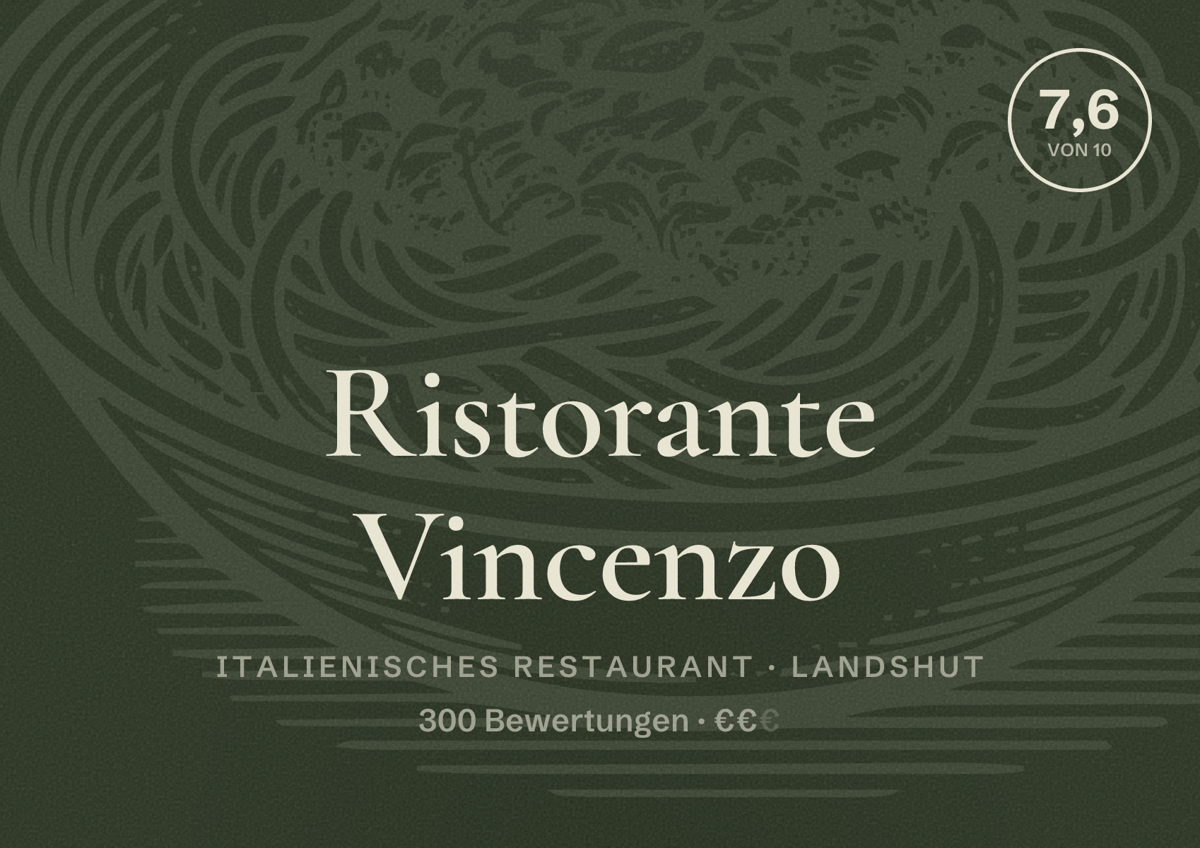 Illustriertes Poster von Ristorante Vincenzo, Italienisches Restaurant in Landshut: Bewertung 7,6 von 10 aus 300 Bewertungen, Preisniveau €€