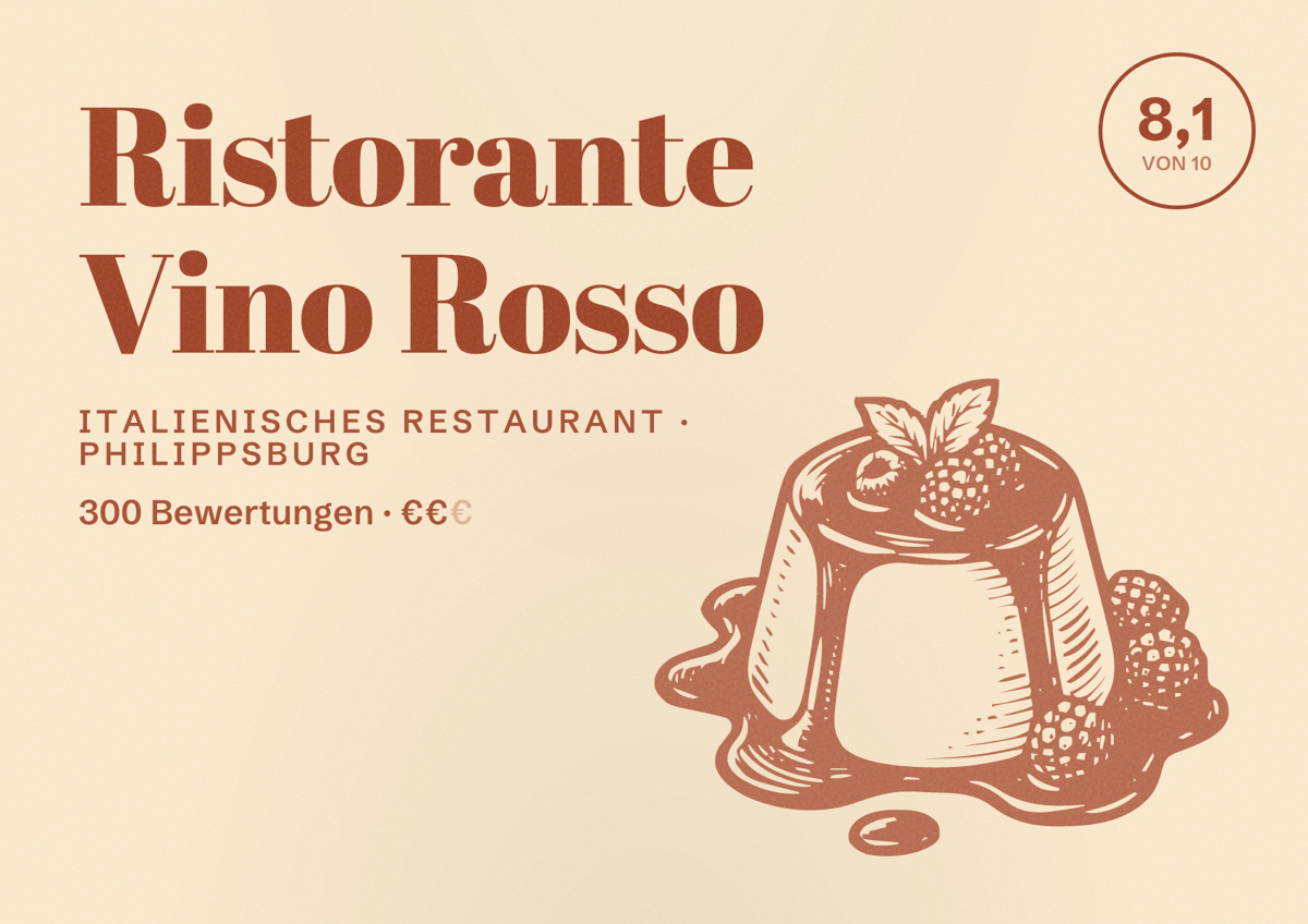 Illustriertes Poster von Ristorante Vino Rosso, Italienisches Restaurant in Philippsburg: Bewertung 8,1 von 10 aus 300 Bewertungen, Preisniveau €€