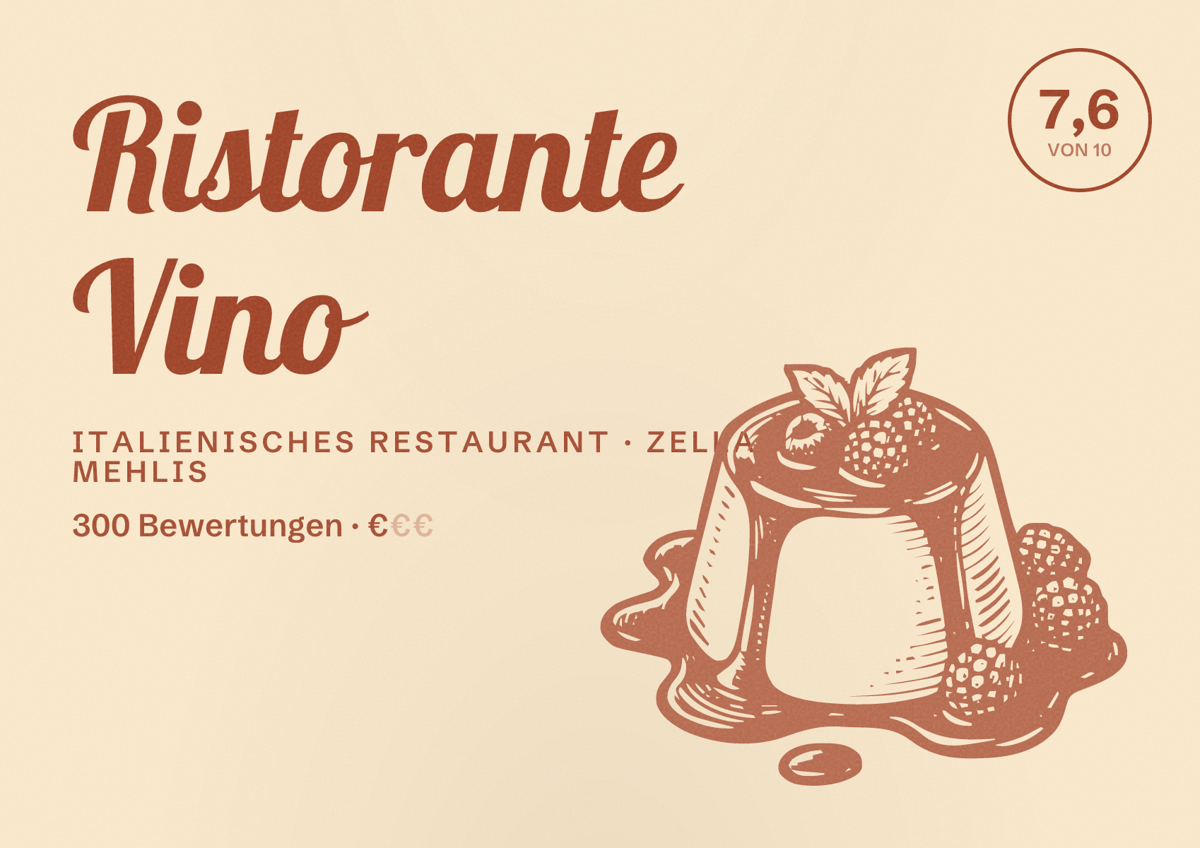 Illustriertes Poster von Ristorante Vino, Italienisches Restaurant in Zella-Mehlis: Bewertung 7,6 von 10 aus 300 Bewertungen, Preisniveau €