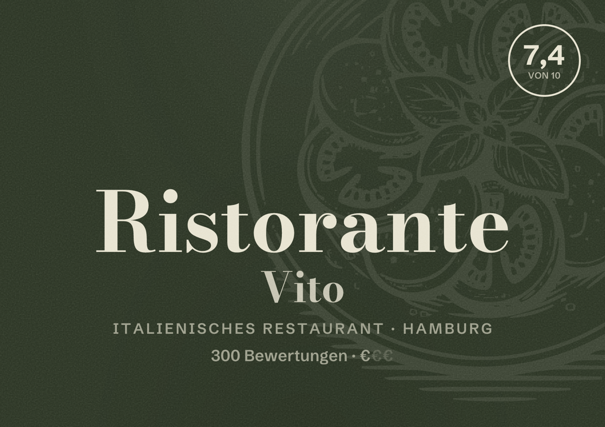 Illustriertes Poster von Ristorante Vito, Italienisches Restaurant in Hamburg: Bewertung 7,4 von 10 aus 300 Bewertungen, Preisniveau €
