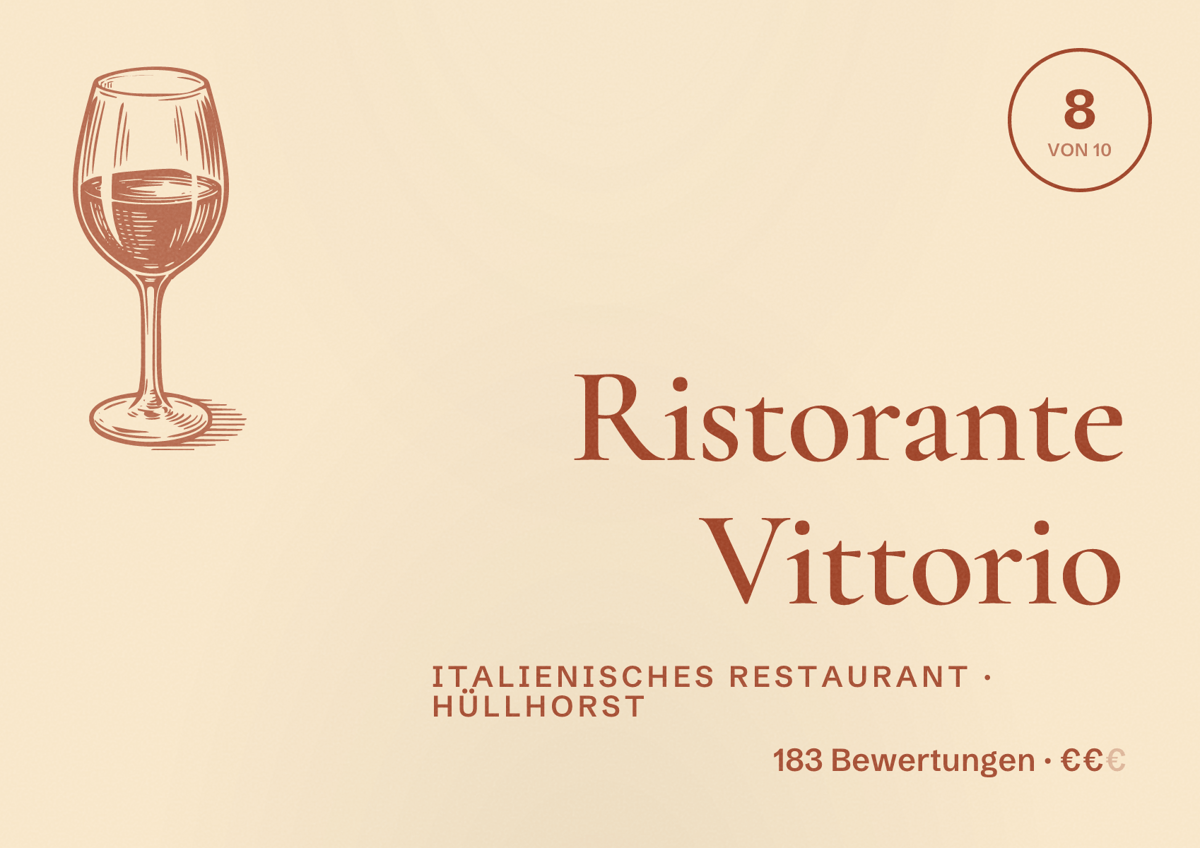 Illustriertes Poster von Ristorante Vittorio, Italienisches Restaurant in Hüllhorst: Bewertung 8 von 10 aus 183 Bewertungen, Preisniveau €€