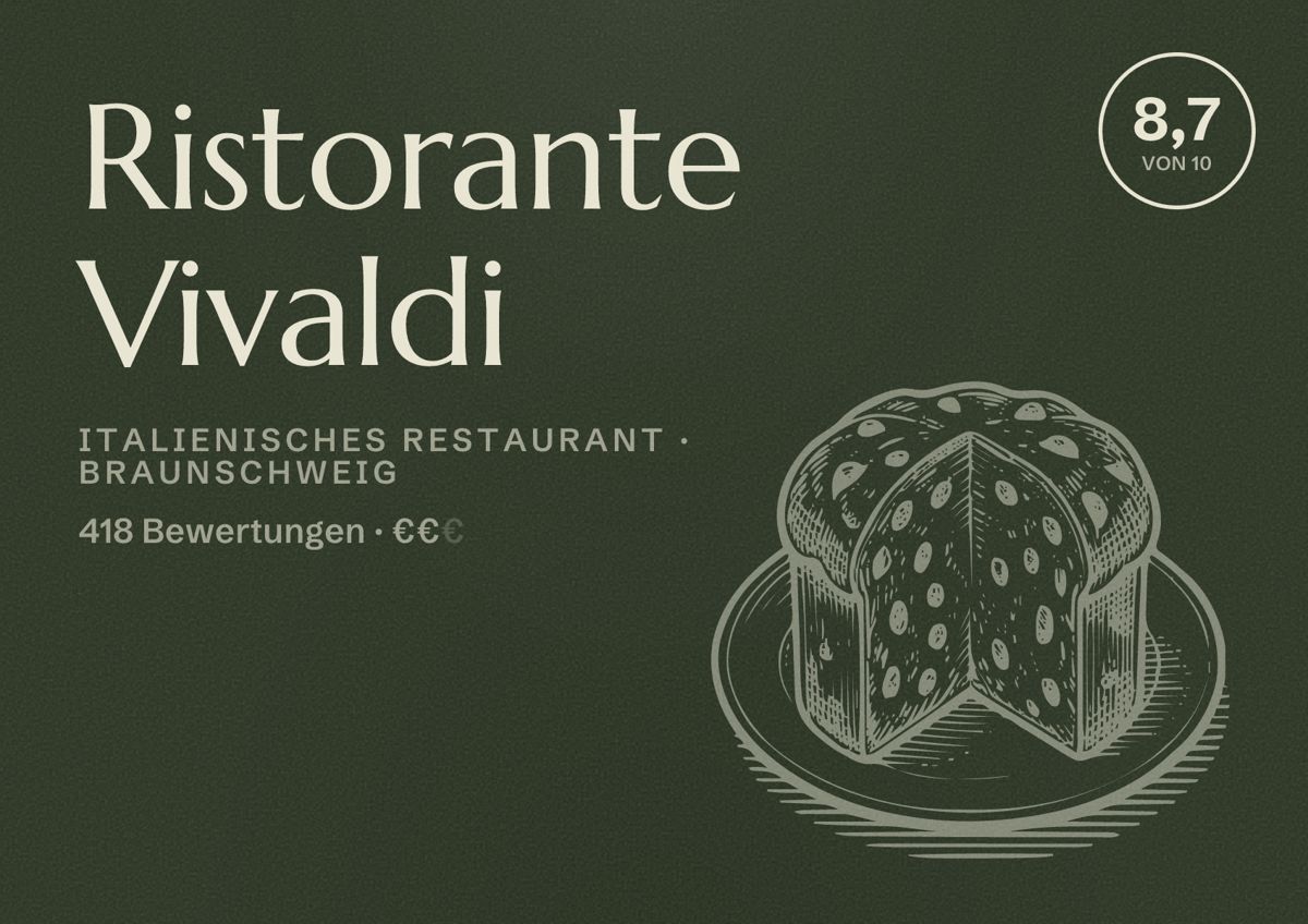 Illustriertes Poster von Ristorante Vivaldi, Italienisches Restaurant in Braunschweig: Gästebewertung 8,7 von 10 aus 418 Bewertungen