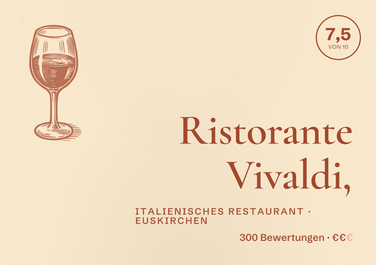 Illustriertes Poster von Ristorante Vivaldi,, Italienisches Restaurant in Euskirchen: Bewertung 7,5 von 10 aus 300 Bewertungen, Preisniveau €€